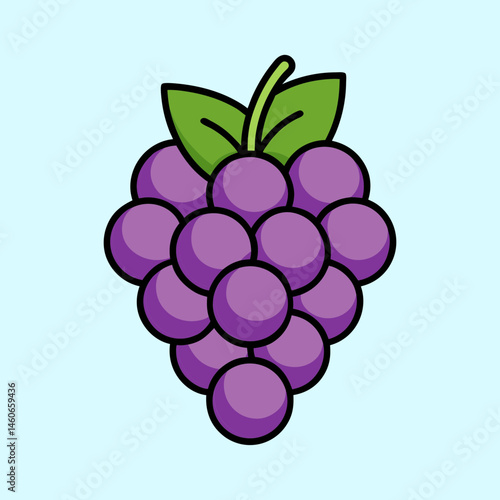 A Bunch of Purple Grapes with Green Leaves Illustration Cartoon Style