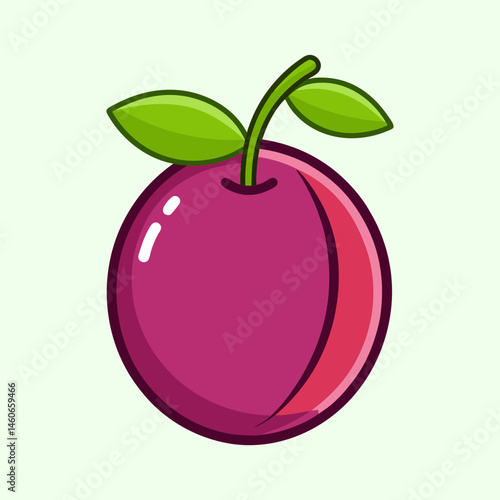 A Vibrant Illustration of a Single Ripe Plum with Green Leaves