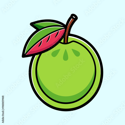 Green guava fruit vector illustration, tropical guava with leaf in cartoon style, fresh organic fruit icon for healthy food branding