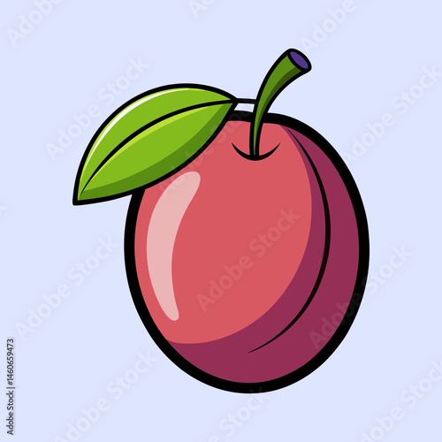 A Vibrant Cartoon Illustration of a Single Red Plum with a Green Leaf
