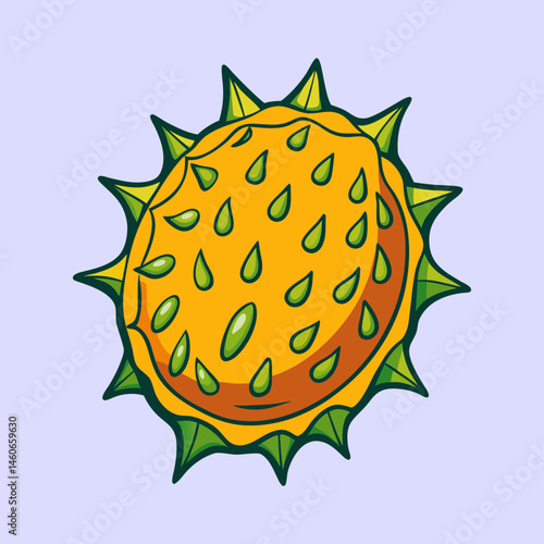Kiwano melon vector illustration, exotic horned melon fruit with green spikes, tropical african horned cucumber icon on purple background