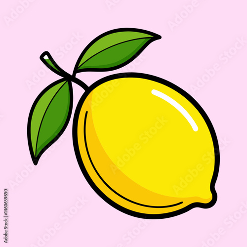 A Single Lemon with Green Leaves on Pink Background Cute Cartoon Illustration