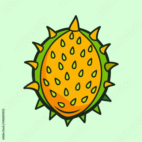 Kiwano melon fruit vector illustration, tropical horned melon icon, exotic spiked yellow fruit on green background, flat cartoon style