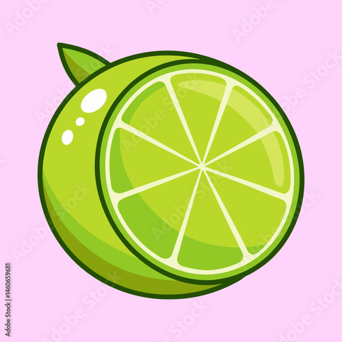 A vibrant illustration of a lime cut in half showing its juicy segments, with a refreshing green hue and a simple cartoon style, perfect for summer drinks and healthy recipes