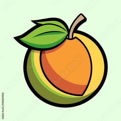 A vibrant illustration of a halved apricot showcasing its juicy orange flesh and a bright green leaf
