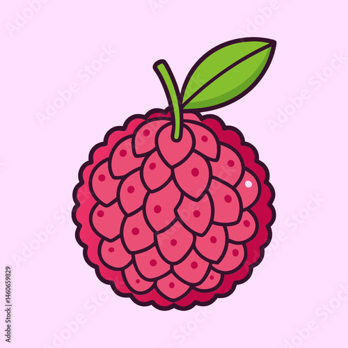 A vibrant illustration of a single lychee fruit with a green leaf on top a detailed depiction of the lychees textured surface