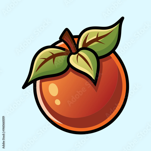 Cartoon Illustration of a Fresh Juicy Orange Fruit with Green Leaves