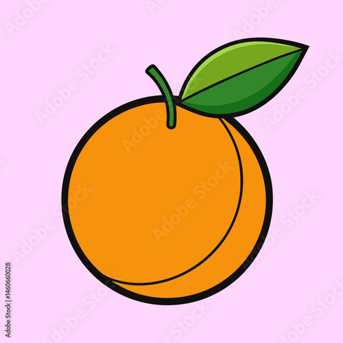 A Single Orange Fruit with a Green Leaf Illustration Simple Cartoon Style