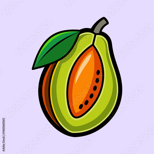 A vibrant illustration of a halved papaya showcasing its ripe orange flesh and green skin with a single leaf