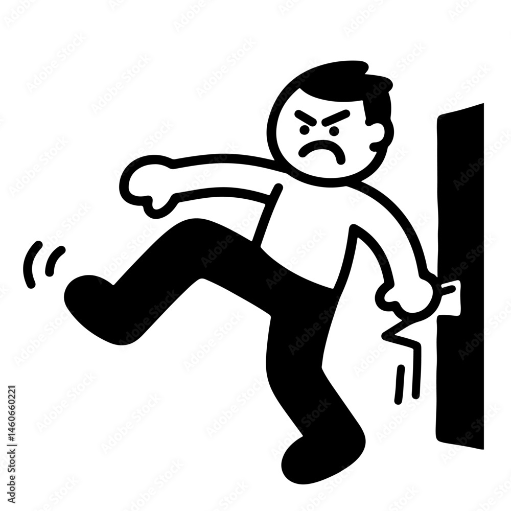 Angry man kicking a wall. Simple black and white vector illustration. Angry man kicking a wall. Simple black and white vector illustration.