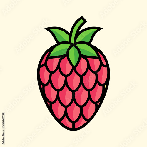 A vibrant illustration of a raspberry showcasing its detailed texture and bright red color with a green stem and leaves