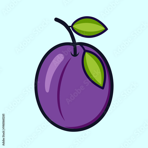 A Vibrant Illustration of a Single Ripe Plum with Green Leaves