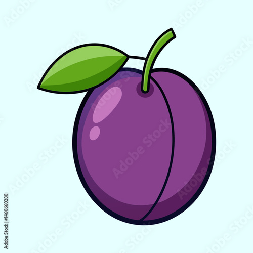 A Vibrant Cartoon Illustration of a Single Ripe Plum with a Green Leaf