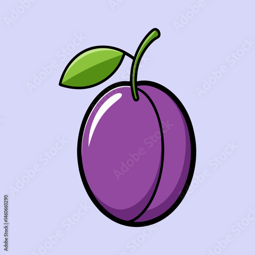 A Vibrant Illustration of a Single Ripe Plum with a Green Leaf