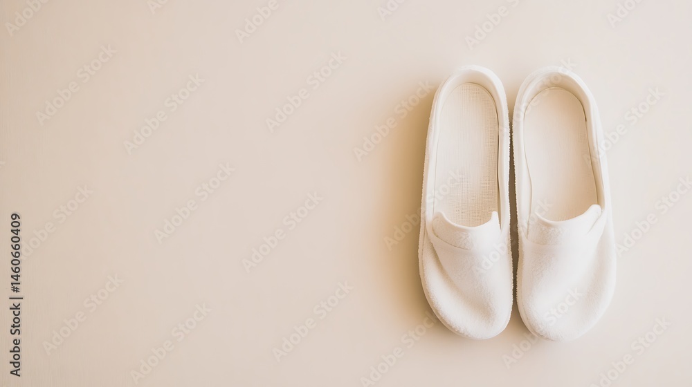 Elegant pair of soft white slippers presented on a clean, inviting background Elegant pair of soft white slippers presented on a clean, inviting background