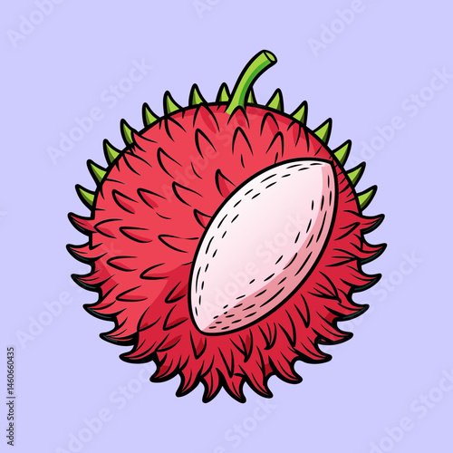A vibrant illustration of a rambutan fruit showing its spiky red exterior and a peek of its creamy white flesh