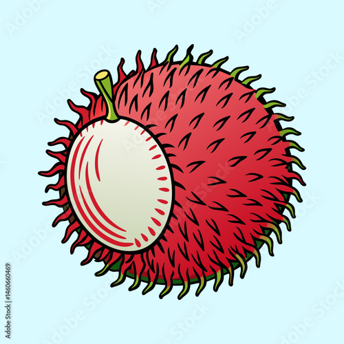 A vibrant illustration of a rambutan fruit showing its hairy red exterior and the creamy white flesh inside