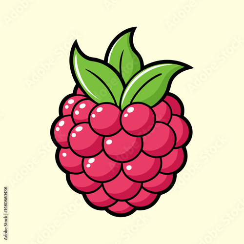 A Delightful Cartoon Illustration of a Single Raspberry with Vibrant Green Leaves