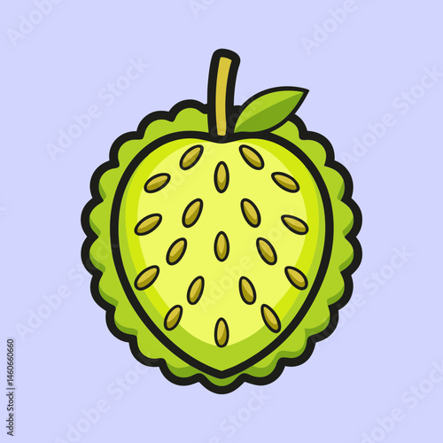 A vibrant illustration of a cherimoya fruit cut in half showcasing its creamy yellowish flesh and numerous small black seeds surrounded by a textured green rind against a light purple background
