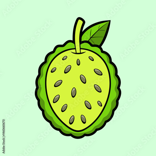 A vibrant illustration of a cherimoya fruit halved revealing its creamy light green flesh speckled with dark seeds a single leaf adds a touch of nature to this delicious tropical treat