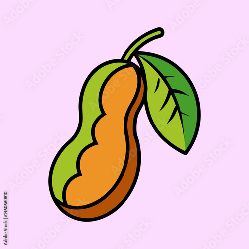 A vibrant illustration of a tamarind fruit pod with a single leaf attached, showcasing its ripe orange pulp segments within a green outer shell against a light pink background
