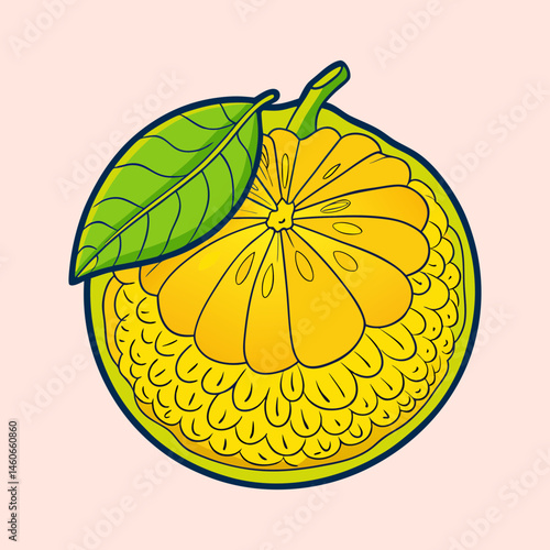 Vibrant Illustration of a Juicy Yellow Citrus Fruit with a Single Green Leaf