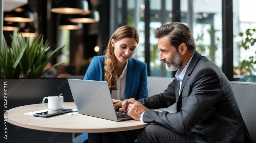 Two business professionals sitting at a table in a modern office, discussing work on a laptop. Two business professionals sitting at a table in a modern office, discussing work on a laptop.