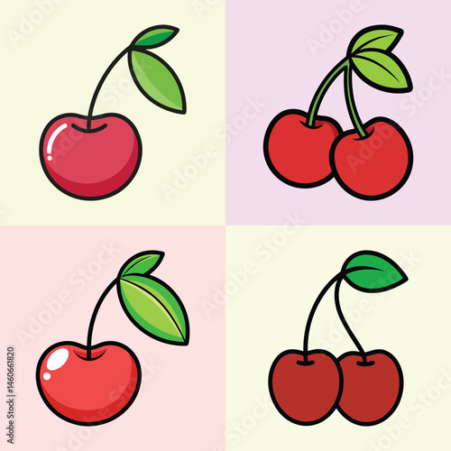 A Collection of Cute Cartoon Cherries with Green Leaves in Various Arrangements
