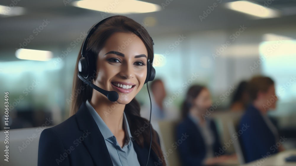 A smiling customer service representative wearing a headset, standing in a modern office with a blurred background of other employees. A smiling customer service representative wearing a headset, standing in a modern office with a blurred background of other employees.