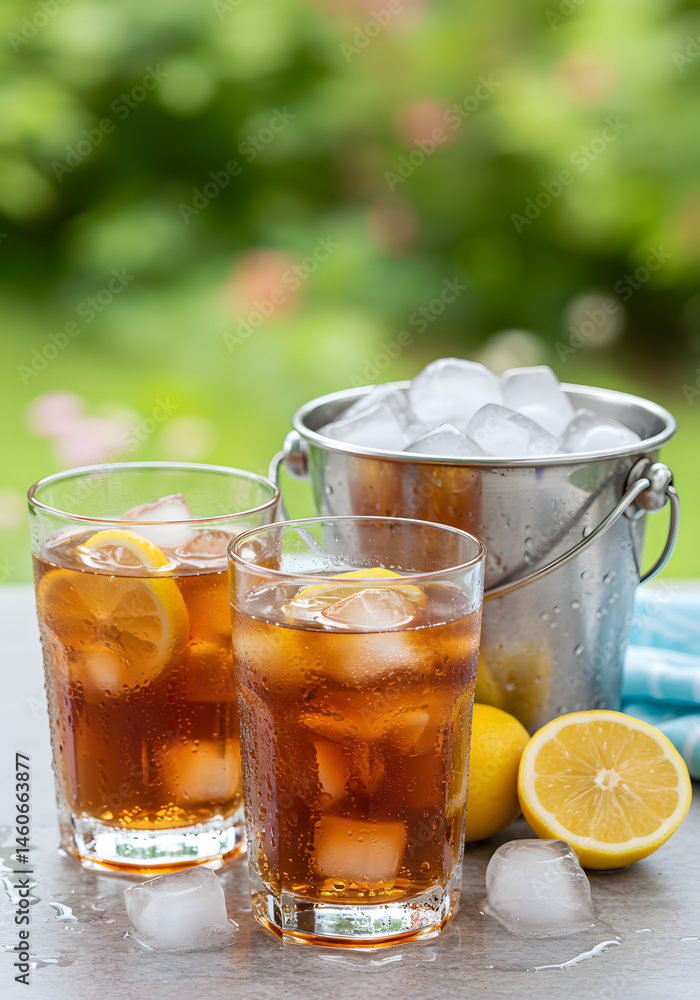 Iced tea cooling effect with condensation melting ice and breezy garden vintage bucket Iced tea cooling effect with condensation melting ice and breezy garden vintage bucket
