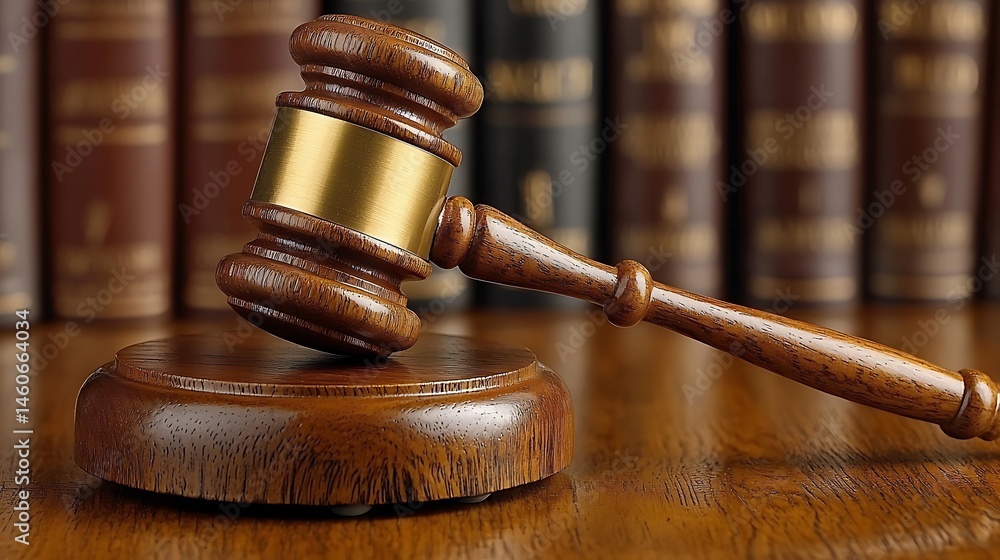 Wooden gavel on sound block, books blurred background Wooden gavel on sound block, books blurred background