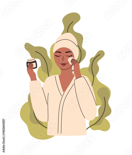 Woman taking care of her face skin. Beauty treatments in the bathroom. Flat vector illustration.