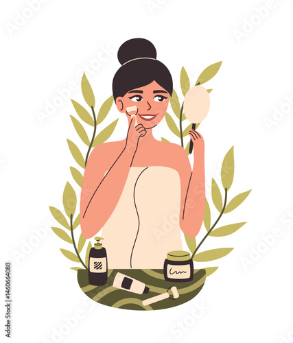 Woman doing facial massage. Beauty treatments in bathroom. Flat vector illustration.