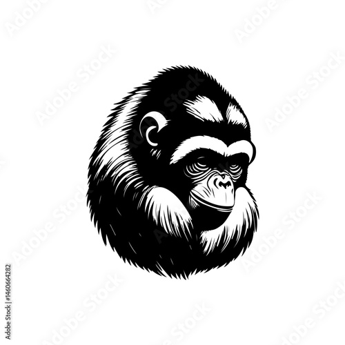 Monochromatic rendition of a pensive chimpanzee face with intricate detail