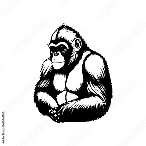 Intricate monochromatic vector illustration of a thoughtful gorilla primate