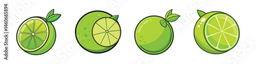 Four vibrant cartoon illustrations showcasing various lime fruit compositions and angles