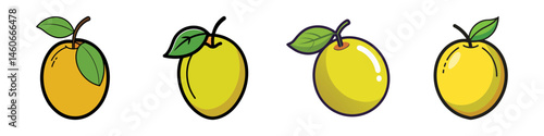 Four distinct and colorful cartoon plums with leaves isolated on white background