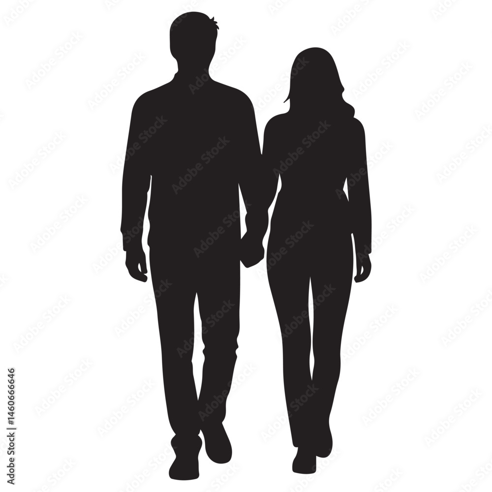 a man and a woman walking hand in hand. The man is on the left side of the image and the woman is in the center. Vector Black silhouettes. with white background a man and a woman walking hand in hand. The man is on the left side of the image and the woman is in the center. Vector Black silhouettes. with white background
