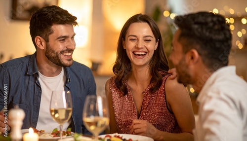 Custom AI Model of a diverse group of friends laughing at a cozy dinner party