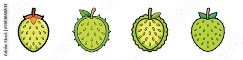 Soursop fruit icon set, 4 tropical guanabana vector illustrations, green custard apple and graviola collection in flat line style