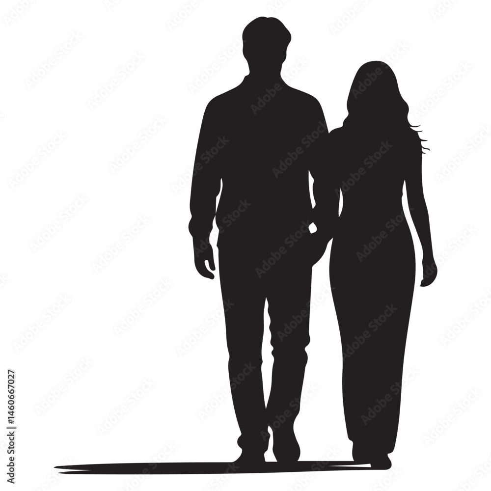 a man and a woman walking hand in hand. The man is on the left side of the image and the woman is in the center. Vector Black silhouettes. with white background a man and a woman walking hand in hand. The man is on the left side of the image and the woman is in the center. Vector Black silhouettes. with white background