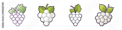 Four variations of cartoon white grapes with leaves on a white background