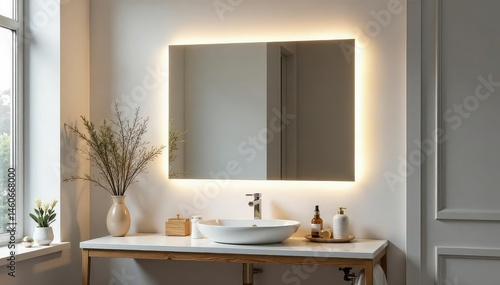 Wallpaper Mural Large illuminated vanity mirror in bright bathroom, fixture, mirror Torontodigital.ca