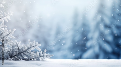 A serene winter landscape with snow-covered trees and a snow-covered ground, with a snow-covered branch in the foreground.