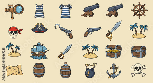 Cartoon Pirate Themed Icons Spyglass Clothing Skull Hat Hook Island Ship Sword Map Barrels