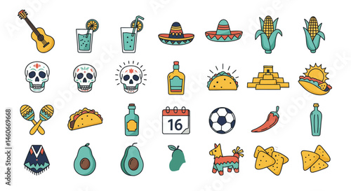 Colorful Dia de los Muertos elements Guitar skulls drinks maracas taco bottle poncho avocado