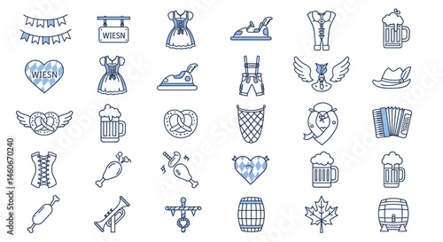 Oktoberfest themed icons featuring traditional Bavarian elements in blue outline