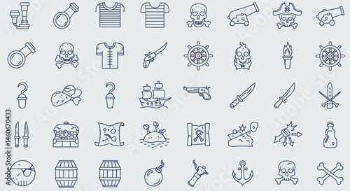 Pirate themed outline icons including spyglass skull shirt hook map and treasure