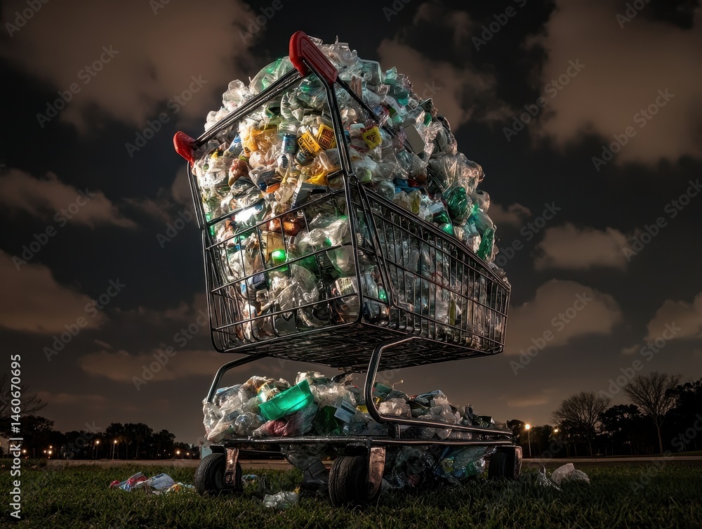 A shopping cart overflowing with trash sits against a dark sky, highlighting waste and environmental concerns.