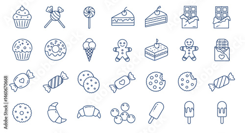 Sweet treats Cupcakes candies donut ice cream cookies and croissants in blue outline